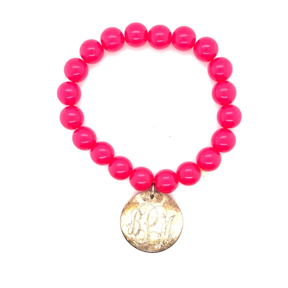 Hot Pink Beaded Stretch Bracelet Gold Monogram BPM Disc Charm Preppy Boho